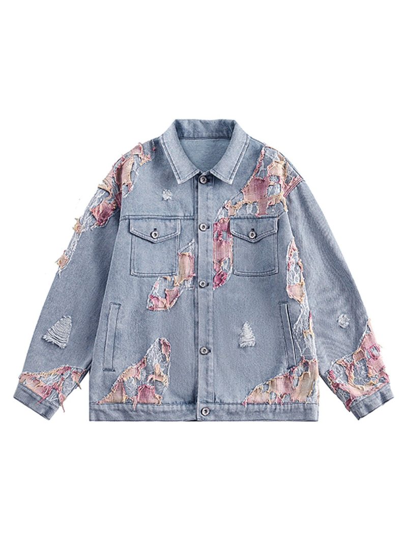 Thesupermade American Street Style Lace Patchwork Denim Jacket
