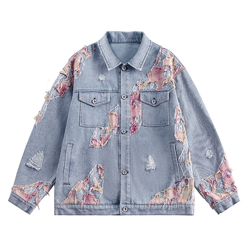 Thesupermade American Street Style Lace Patchwork Denim Jacket