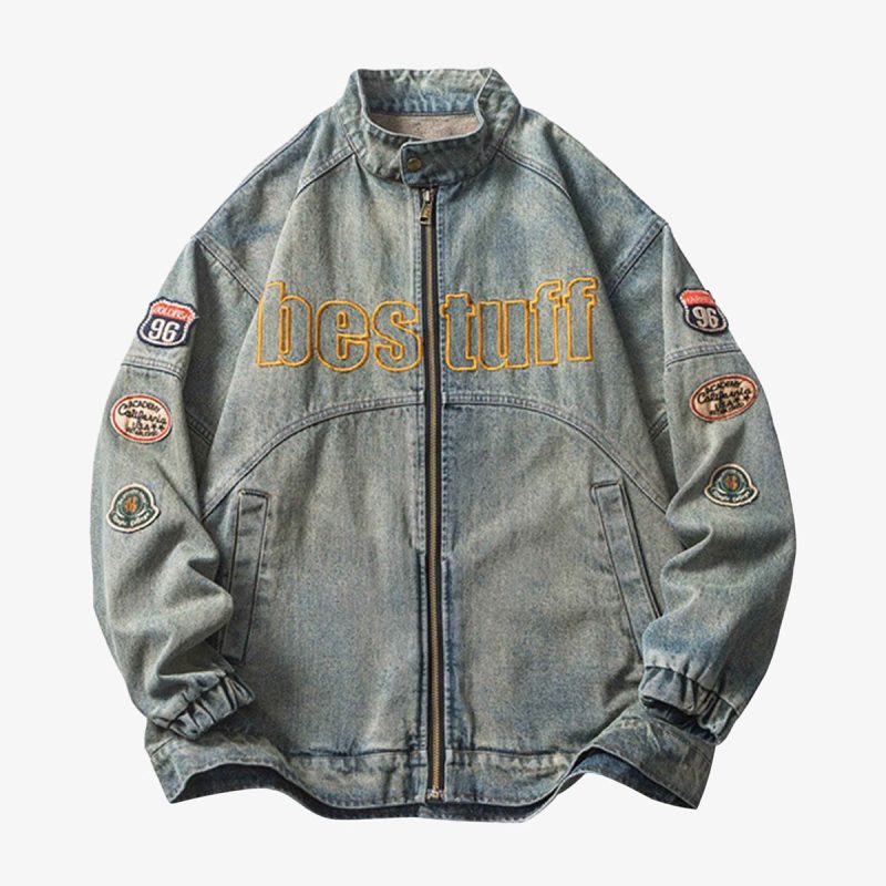 Thesupermade Hip-hop Badge Embroidered Do-over Denim Jacket - 1911