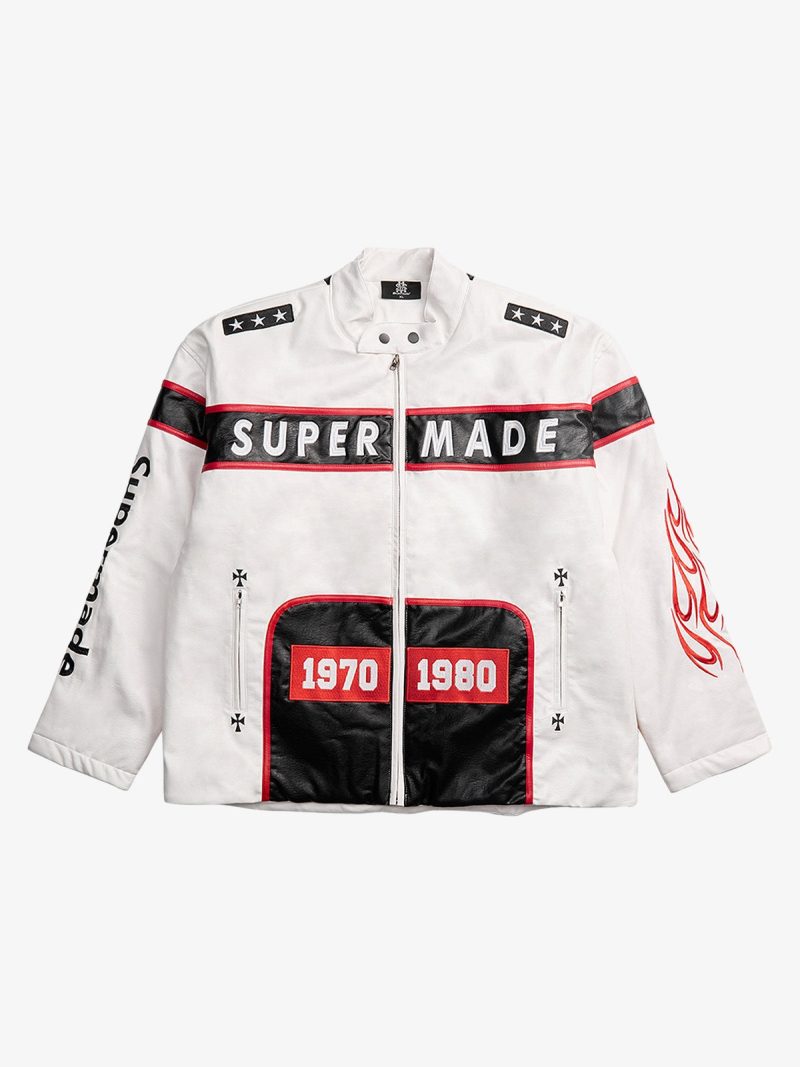 Thesupermade Vintage Biker Style Embroidered Leather Jacket - 1746